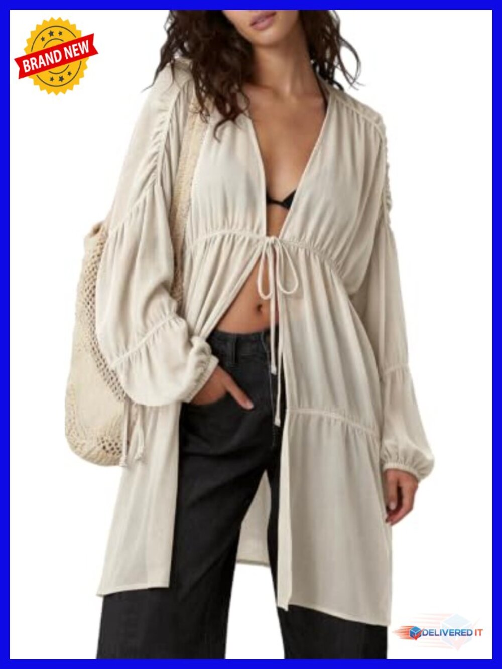 Linen Blend Slouchy Kimono Duster Coverup with Pockets